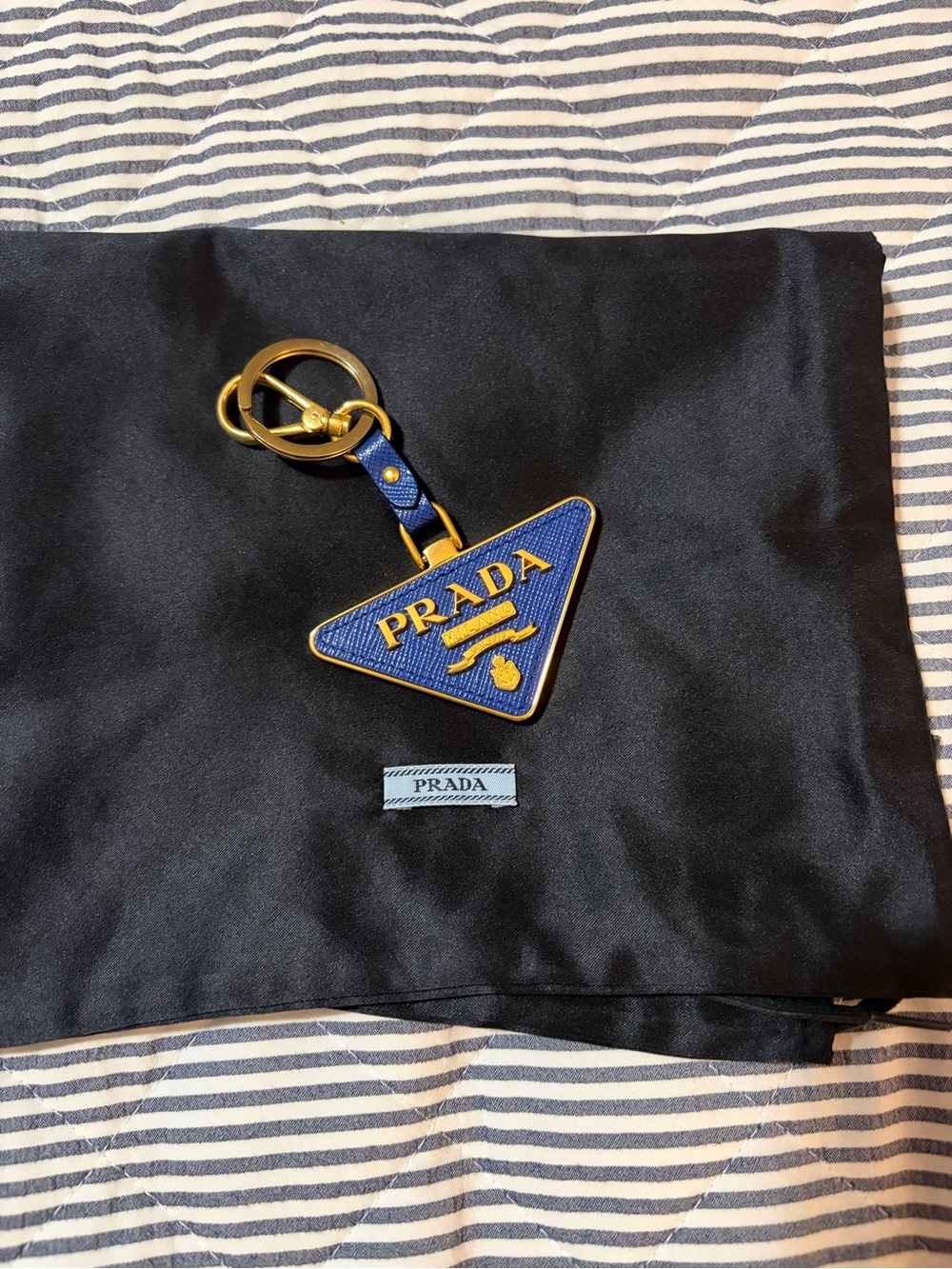 Prada Blue Saffiano Triangle Key Holder with Gold Hardware